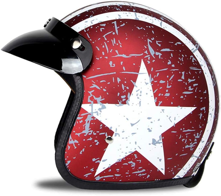 3/4 Open Face helmet, Motorcycle Helmet Flat with Rebel Star Graphic White + Red (M)
