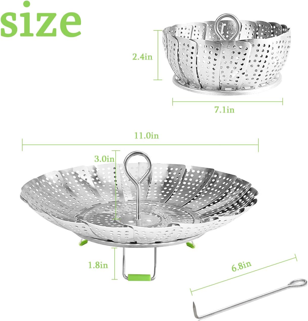 Steamer Basket Stainless Steel Vegetable Basket Metal Handle Folding Silicone Feet Steamer Insert for Cooking Veggies Fish Seafood Include Safety Tool