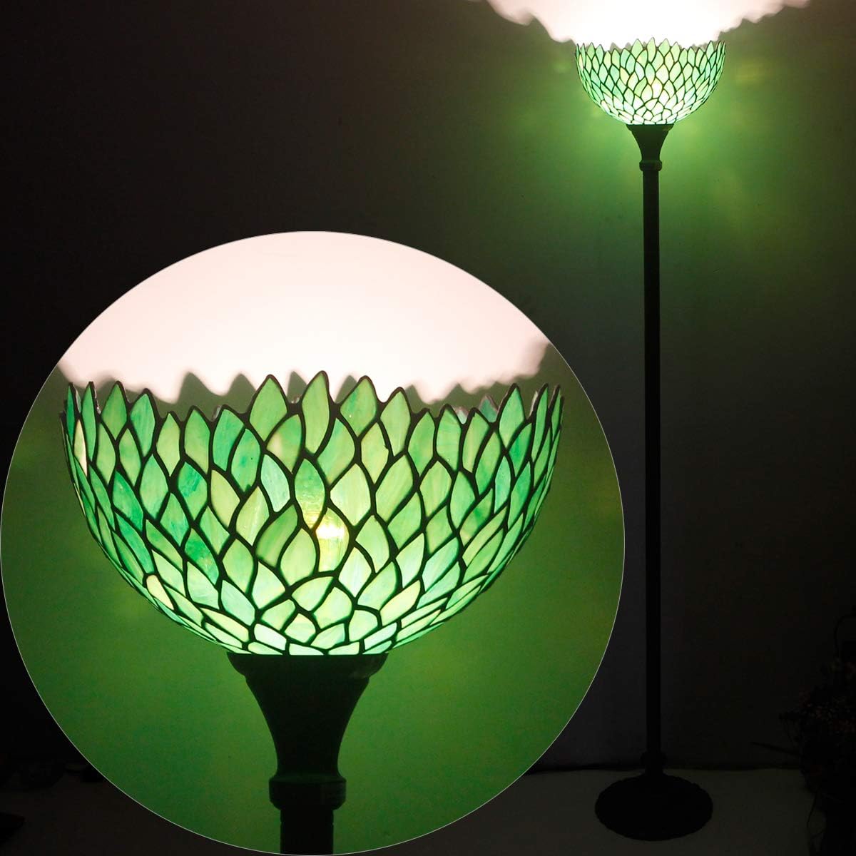 WERFACTORY Tiffany Floor Lamp Torchiere Green Wisteria Stained Glass Light | 12X12X71 Inches Pole Standing Corner Torch Uplight Decor Bedroom Living