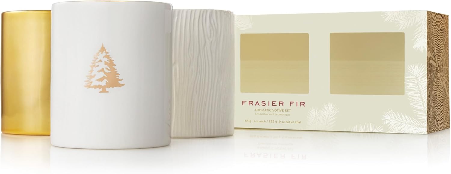 Thymes Frasier Fir Votive Candles - Gilded Collection - Crisp Just-Cut Forest Fragrance - Set of Three Holiday Candles - Wood Grain, Gold