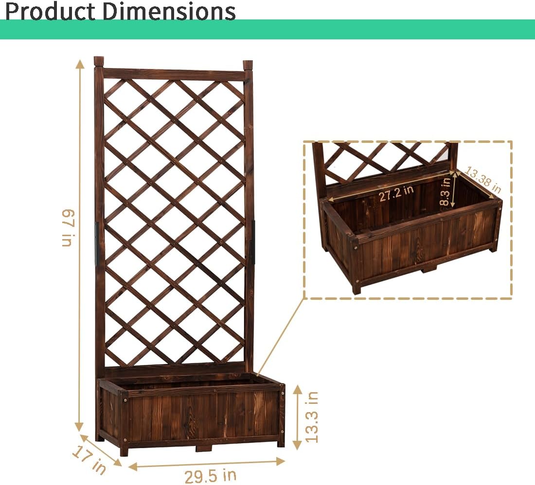 Anraja Raised Garden Bed with Trellis Wooden Flower Standing Planter Box Outdoor Wood Lattice Panels Privacy Screen for Climbing Plant Planting