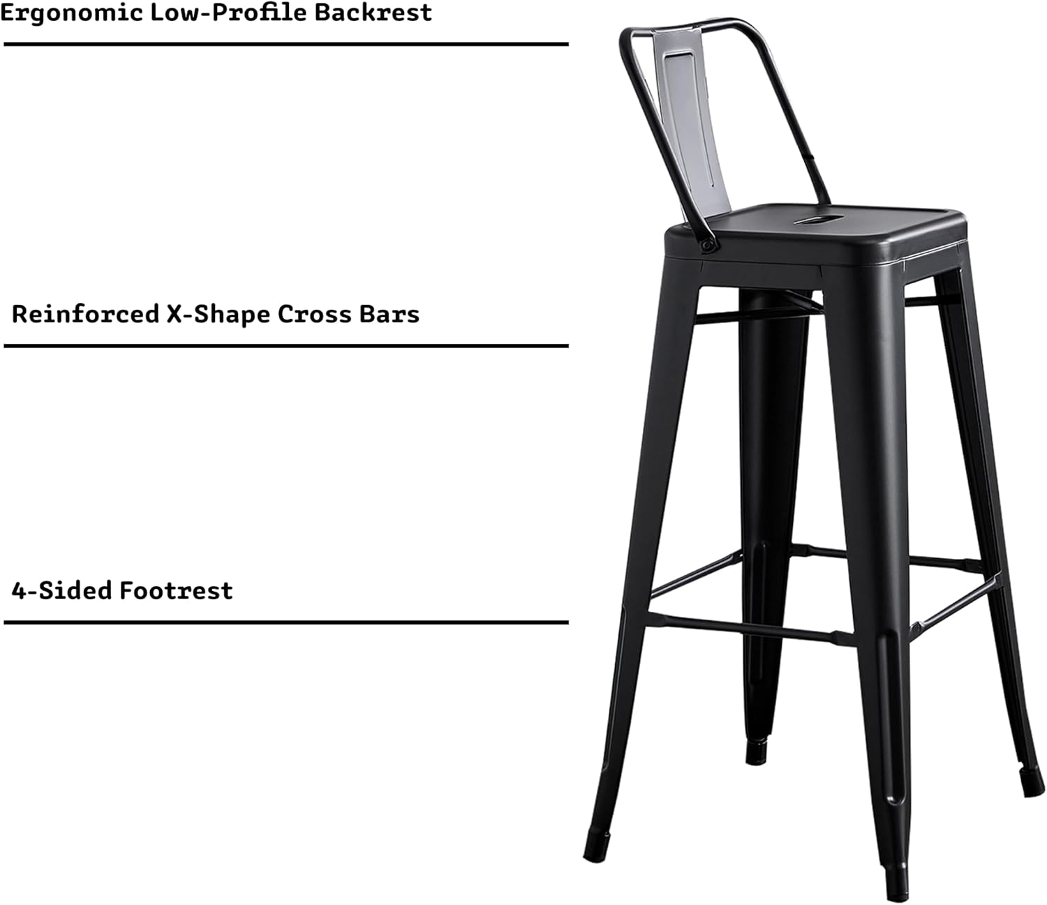 AC Pacific 30” Metal Barstool Set of 2 – Country Rustic Style with Low Back, Lightweight & Sturdy Build, Easy Assembly – Matte Black