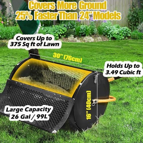 2026 Upgraded 30 Inch Compost Spreader, 26 Gal/99L Large Capacity Heavy Duty Peat Moss Spreader for Lawn, Stable T-Handle Manual Spreader for Top Soil