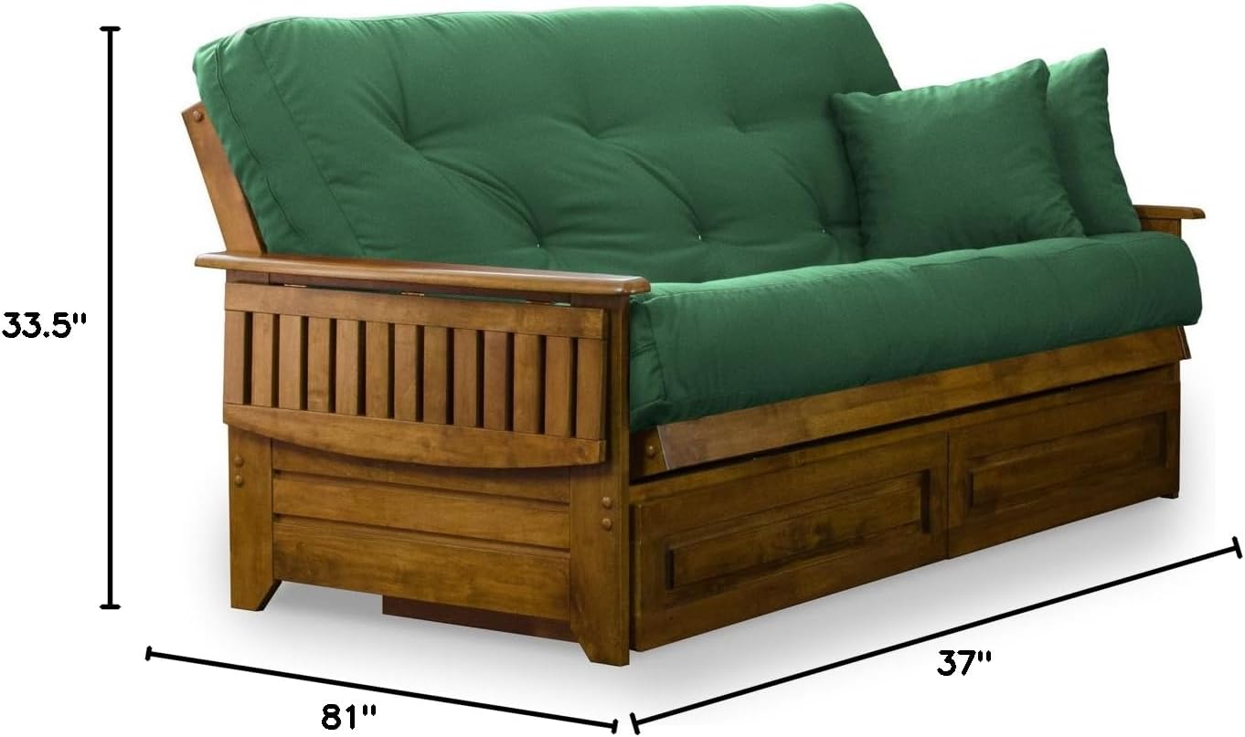 Brentwood Tray Arm Futon Frame, Drawers, and Khaki Mattress Set - Queen, Rich Heritage Finish