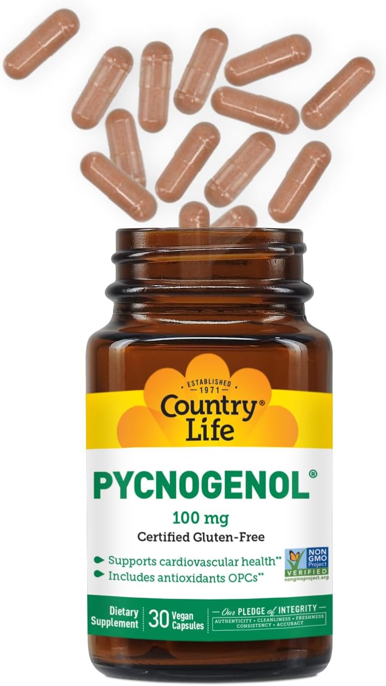 Country Life Pycnogenol 100mg - French Maritime Pine Bark Extract Antioxidants Supplement - Supports Cardiovascular Health - No Yeast, Corn, Wheat