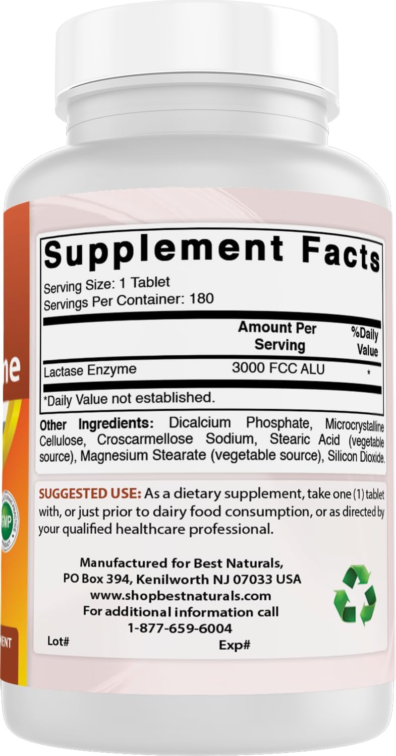 Best Naturals Fast Acting Lactase Enzyme Tablet, 3000 Fcc Alu, 180 Count (859375002900)