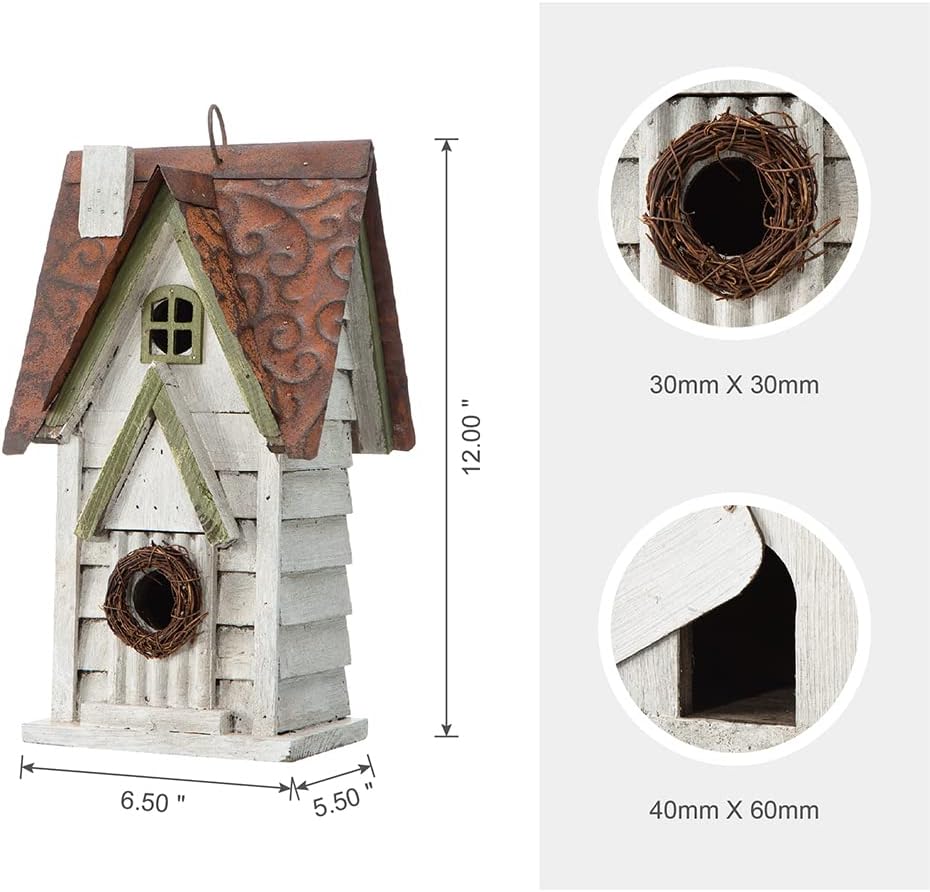 Glitzhome 12" H Green Hanging Distressed Solid Wood Garden Bird House Decorative Birdhouse