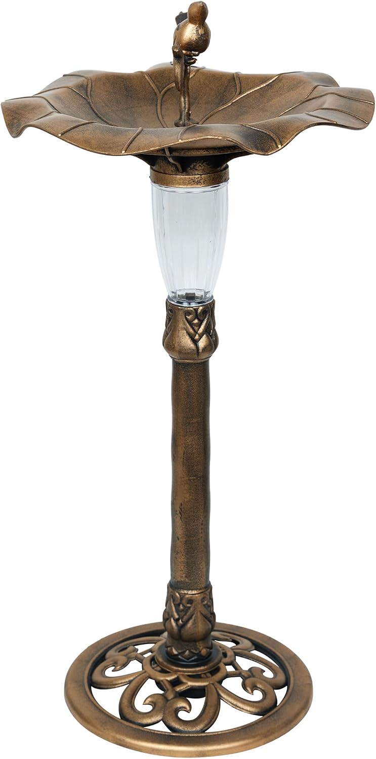 Alpine Corporation | 31" Tall Outdoor Birdbath with 2 Bird Figurines — Shallow and Wide Bird Feeder, Bronze Garden Accent