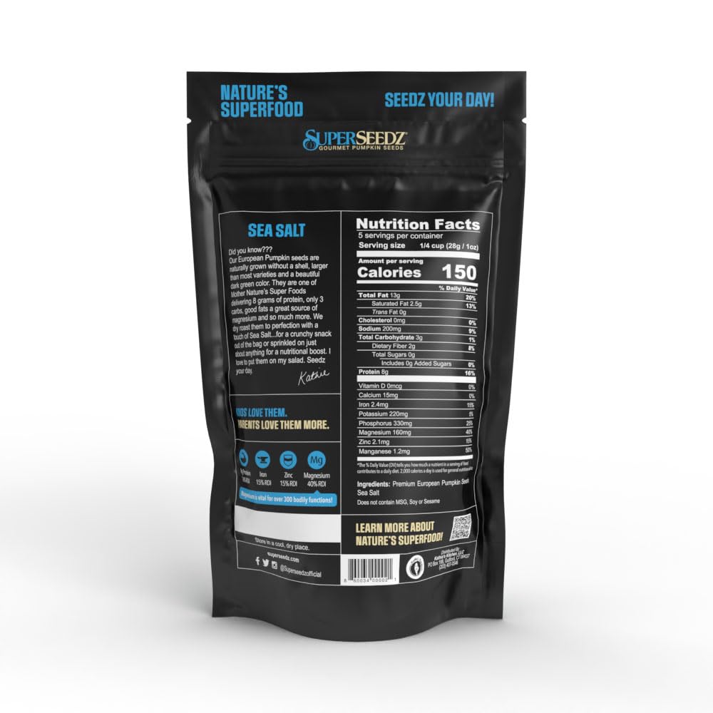 SuperSeedz Dry Roasted Pumpkin Seeds with Sea Salt w/8g Protein (5oz Bag) | Nn-GMO, Gluten-Free, Keto Snacks – Nut-Free & School Friendly Organic Pumpkin Seeds – Large European No Shell Pepitas