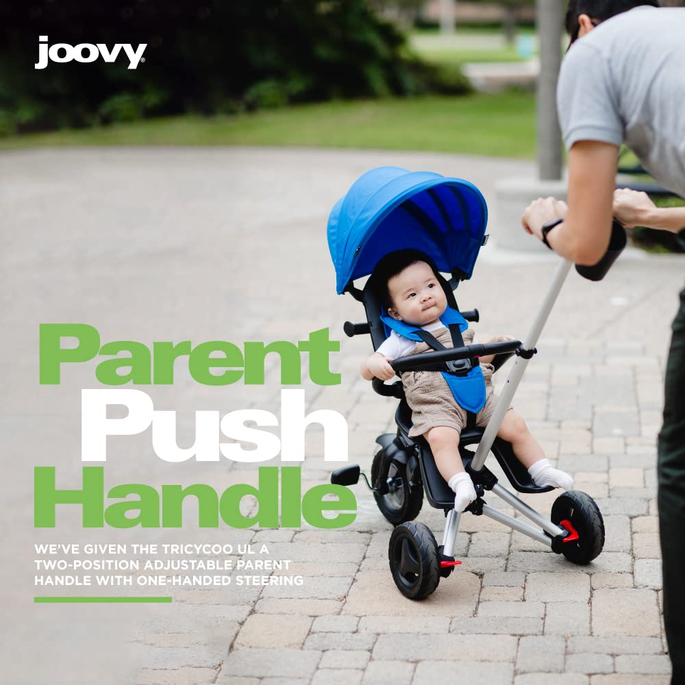 Joovy Tricycoo 4.1 Kids Tricycle with 4-Stages Featuring Extra-Wide Front Tire, Removable and Adjustable Parent Handle, Safety Harness
