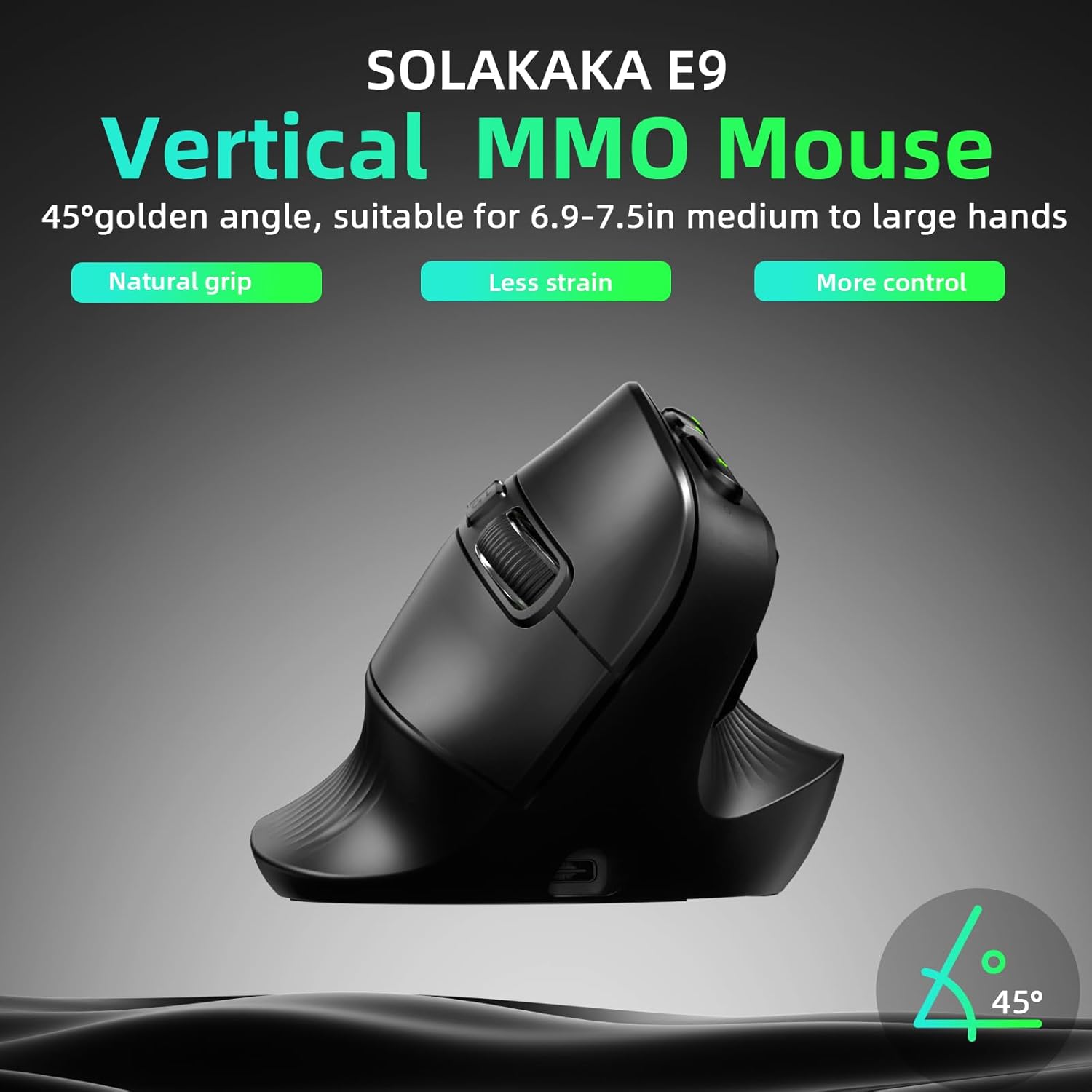 SOLAKAKA E9 Vertical MMO Gaming Mouse,24800 DPI,Tri-Mode Ergonomic Wireless Mouse with 10 Side Buttons,RGB Mouse for PC/Mac Black