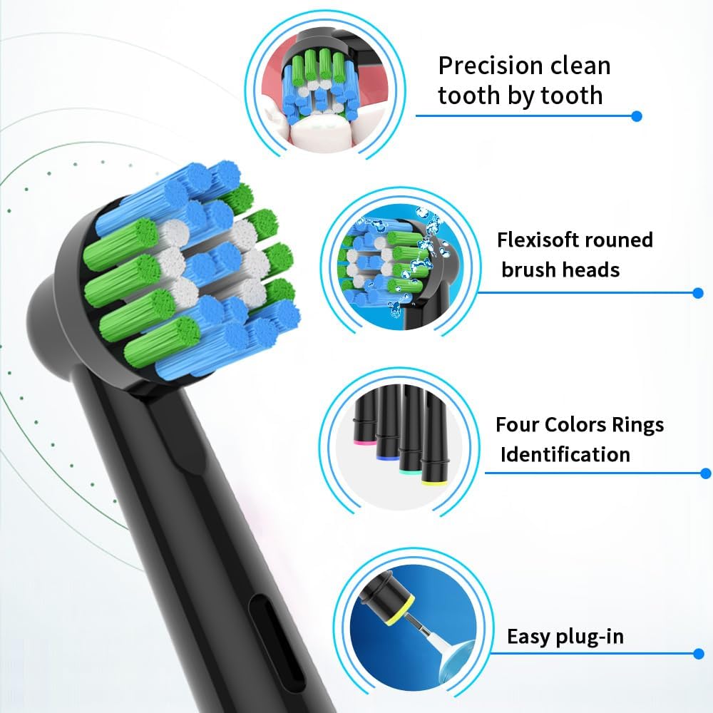 8pcs Replacement Heads Compatible with Oral B Electric Toothbrush, 4pcs Precision Clean and 4pcs Cross Clean Brush Heads, Black