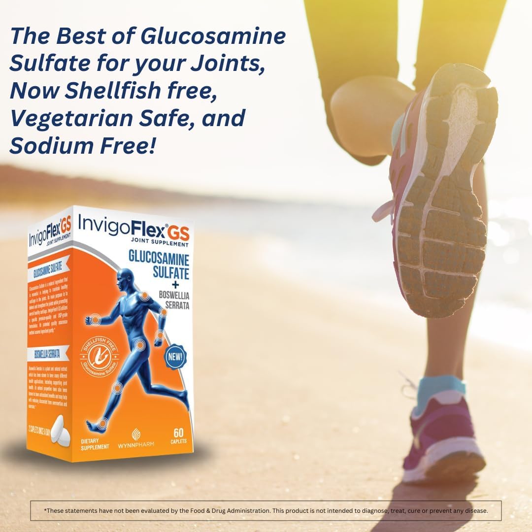 INVIGOFLEX® GS - Glucosamine Sulfate (Shellfish Free, Sodium Free & Vegetarian Safe) Non GMO, Gluten Free - with Boswellia Serrata - Knees, Hands, Back, and Hip Premium Joint Supplement