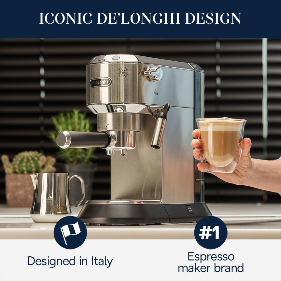 De'Longhi Dedica Espresso Machine, 15-Bar Pump, Frother, Stainless Steel | #1 Worldwide Espresso Machine Maker, Rapid Heat-Up, Frother, Compact Design, Easy to Clean