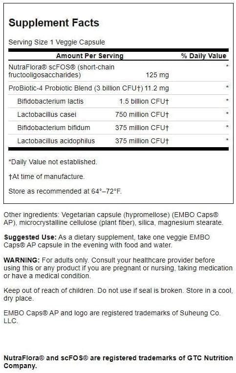 Swanson Probiotic-4 3 Billion Cfu 60 Veg Capsules | 3 Billion CFU from 4 Broad-Spectrum Probiotic Strains Plus Prebiotics, Supports Bowel Regularity and Microbiome