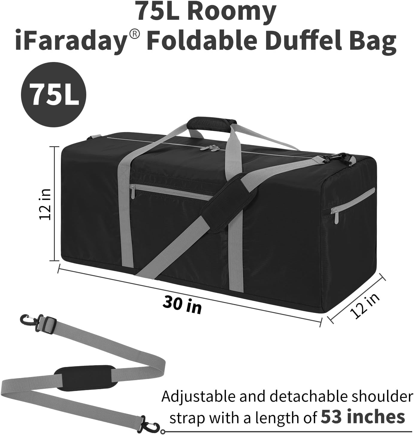 iFARADAY Foldable Duffel Bag Lightweight, 30 inch / 75L, Royal Blue