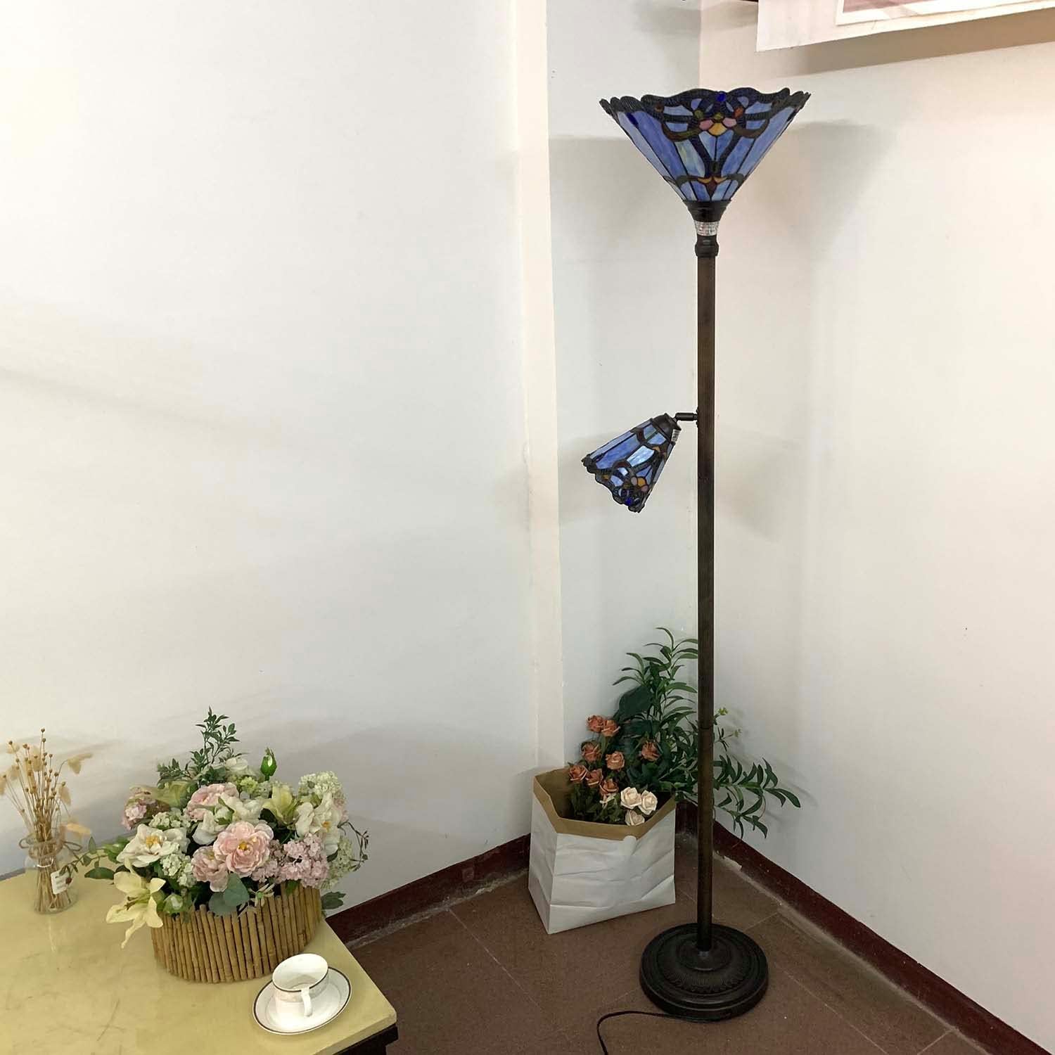 Bieye L10686 Baroque Tiffany Style Stained Glass Torchiere Floor Lamp with Sidelight for Reading Home Decor, 71-inch Tall