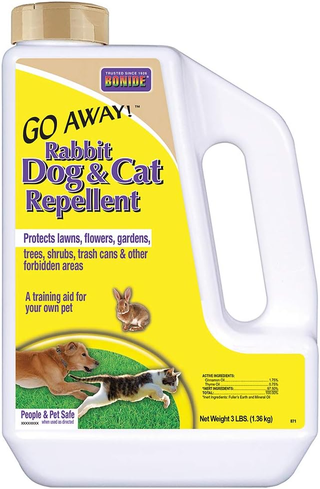 Bonide Go Away! Rabbit, Dog, & Cat Repellent Granules, 3 lbs Ready-to-Use, Keep Dogs off Lawn, Garden, Mulch & Flower Beds | Ready-to-Use, Keep Dogs off Lawn, Garden, Mulch & Flower Beds