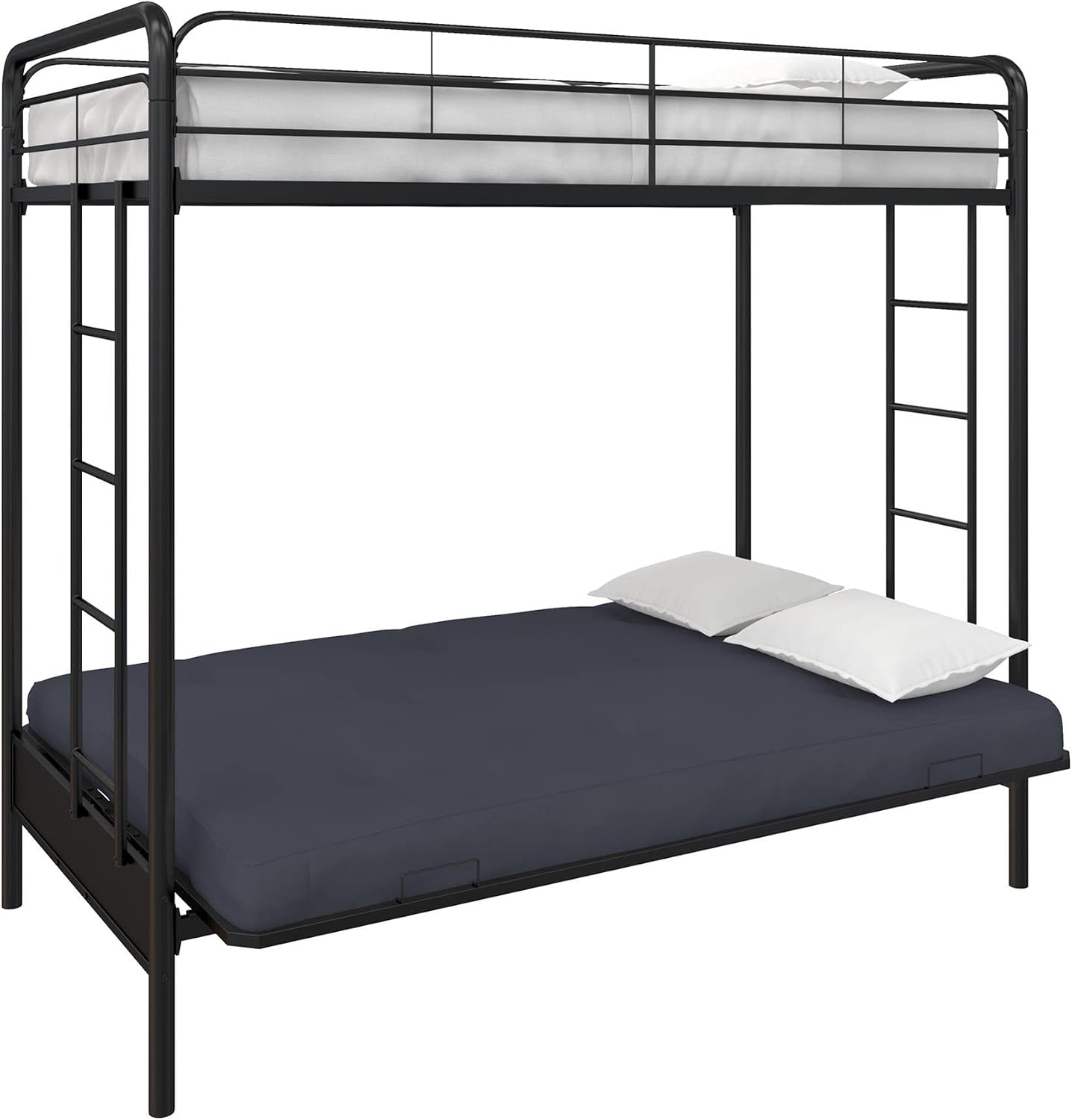 DHP Twin-Over-Futon Convertible Couch and Bed with Metal Frame, Ladder and Guardrails - Black