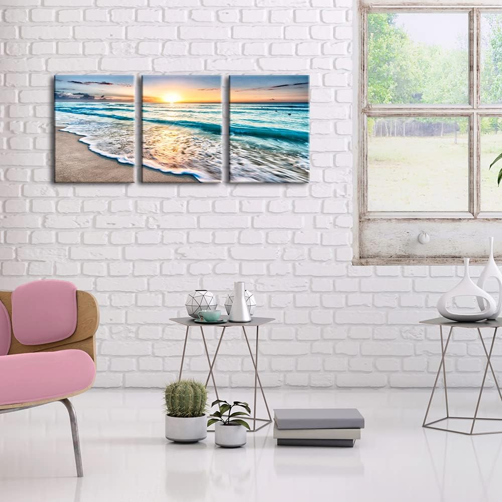 Wieco Art 3 Panel Blue Beach Canvas Wall Art for Home Decor Sunset White Wave Beach Pictures on Canvas Sea View Canvas Prints Artwork for Wall Decor