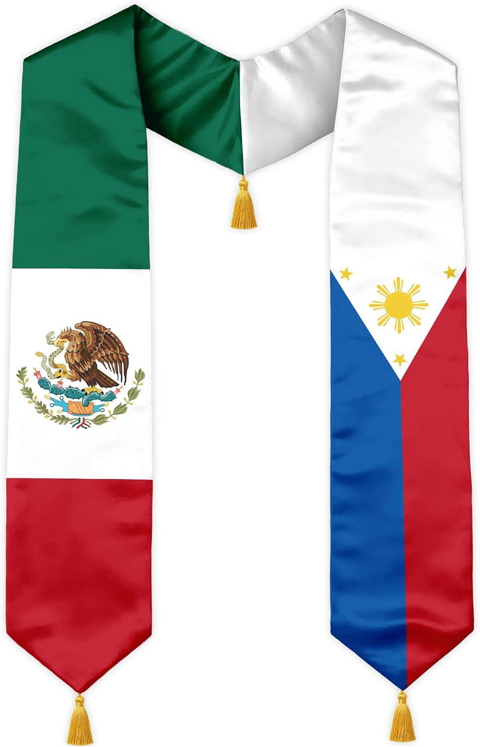 Class of 2026 Dual Flag Graduation Stole with Gold Tassels, Half and Half Country Flag Satin Sash, V-Neck