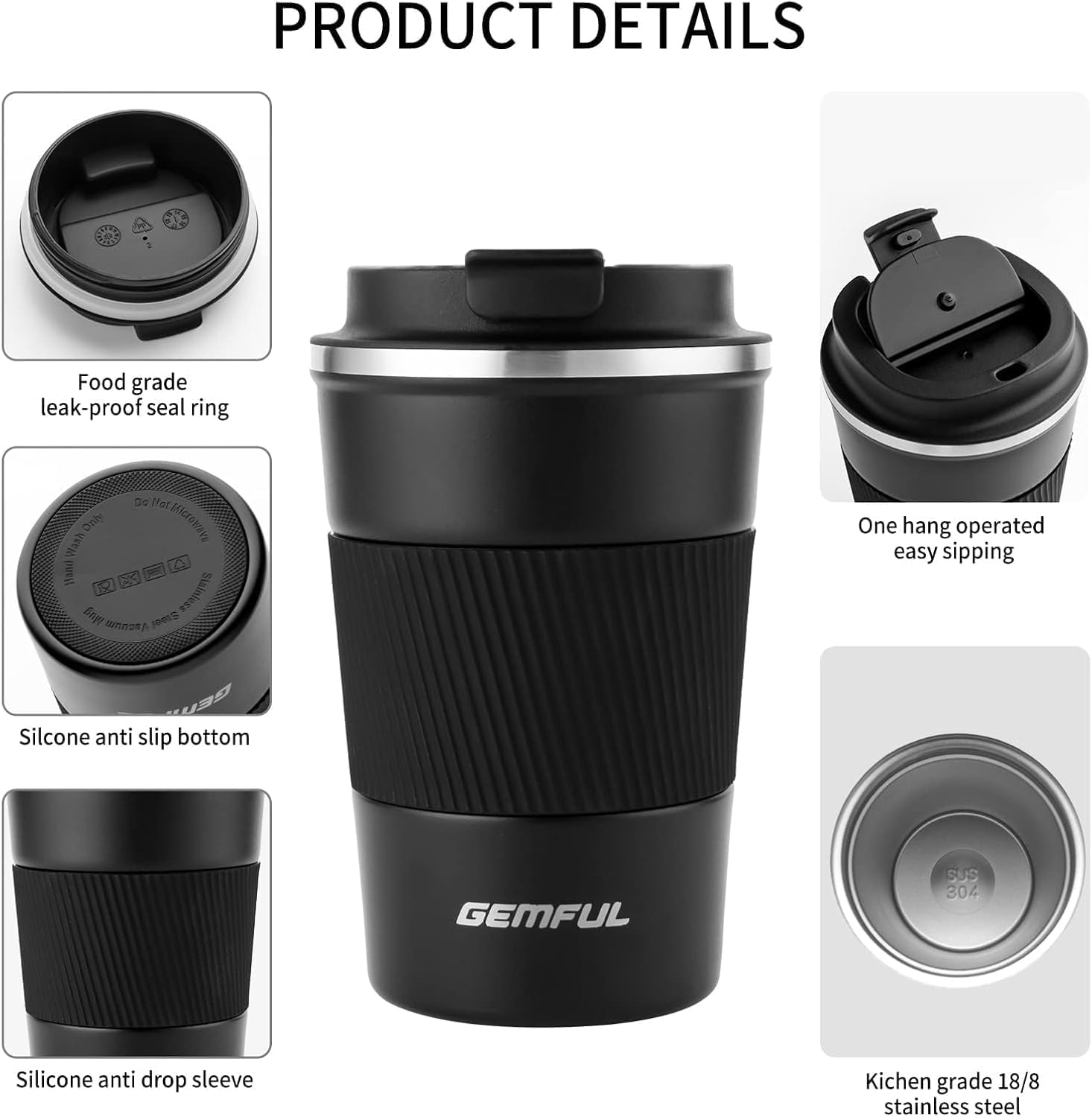 GEMFUL 2 Pack 17oz Insulated Travel Coffee Mug with Lid (Black/White)