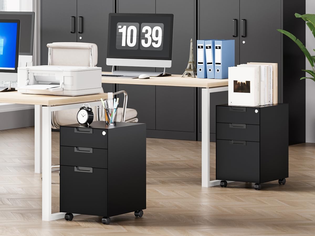 MIIIKO 3 Drawer File Cabinet with Lock, Metal Lateral Rolling Printer Stand Filing Cabinets for Home Office Storage,A4, Letter,File Folders(White)