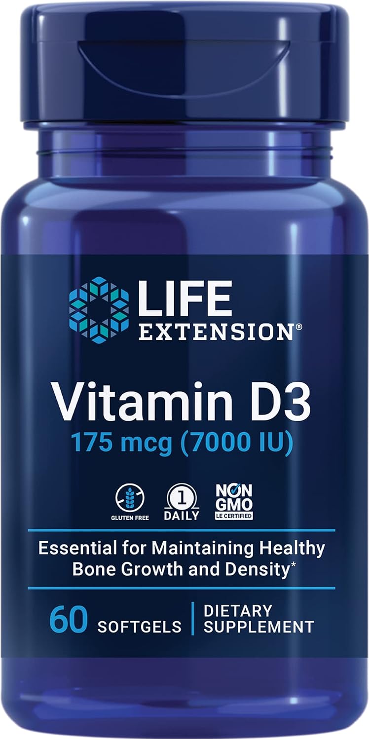 Life Extension Vitamin D3 175 mcg (7000 IU), Immune System Support, Bone Health, Brain Performance, Gluten-Free, Non-GMO, Once Daily, Two-Month Supply