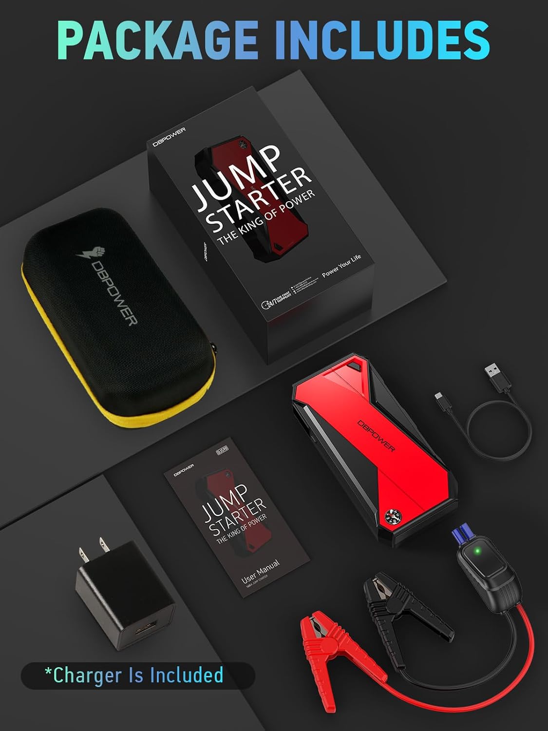DBPOWER Peak 3000A 18000mAh Portable Car Jump Starter (up to 8.0L Gas, 6.0L Diesel Engine) Battery Booster with Smart Charging Port, Compass