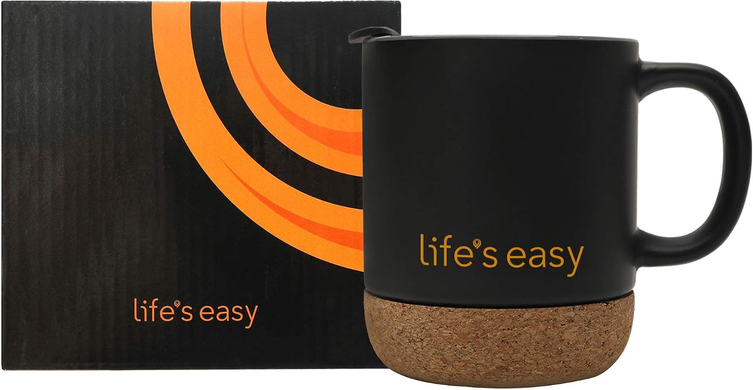 Life's Easy 12 oz Coffee Mug with Insulated Cork Bottom and Push-On Splash-Proof Lid - Black