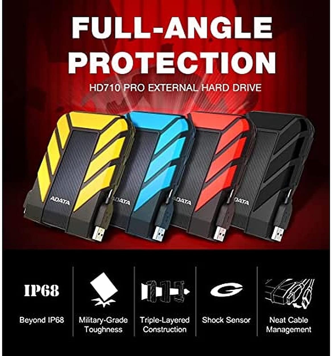 ADATA HD710 Pro - 4 TB External Hard Drive - Shockproof, Waterproof & Dustproof - Durable Storage - For Gamers, Students & Professionals - Mac, PC & Linux Compatible - Black - AHD710P-1TU31-CBK