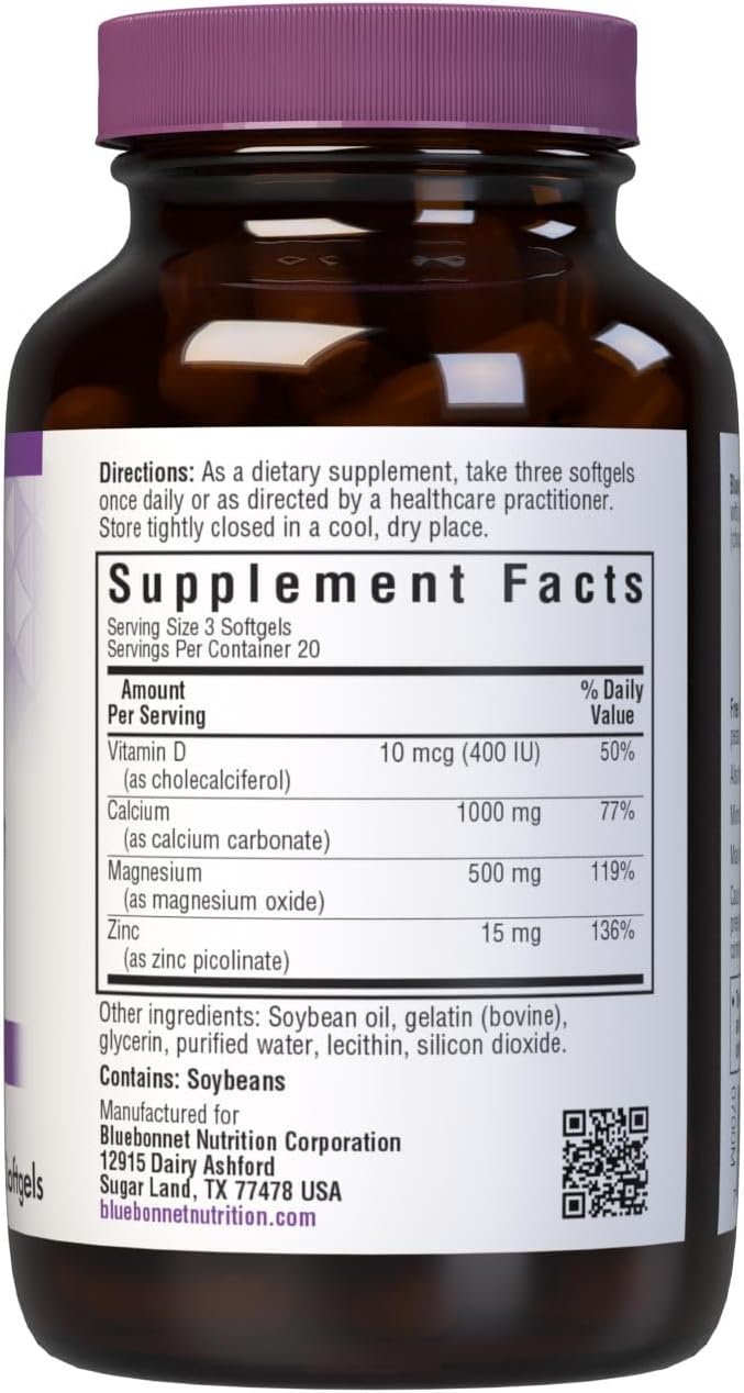 Bluebonnet Nutrition Calcium Magnesium Zinc Plus Vitamin D3, 1000 mg of Calcium, 500 mg of Magnesium and 15 mg of Zinc, 400IU Vitamin D3, For Strong Healthy Bones*, Gluten-Free, Dairy-Fee, 120 softgel | Third-party tested for purity and potency; manufact…