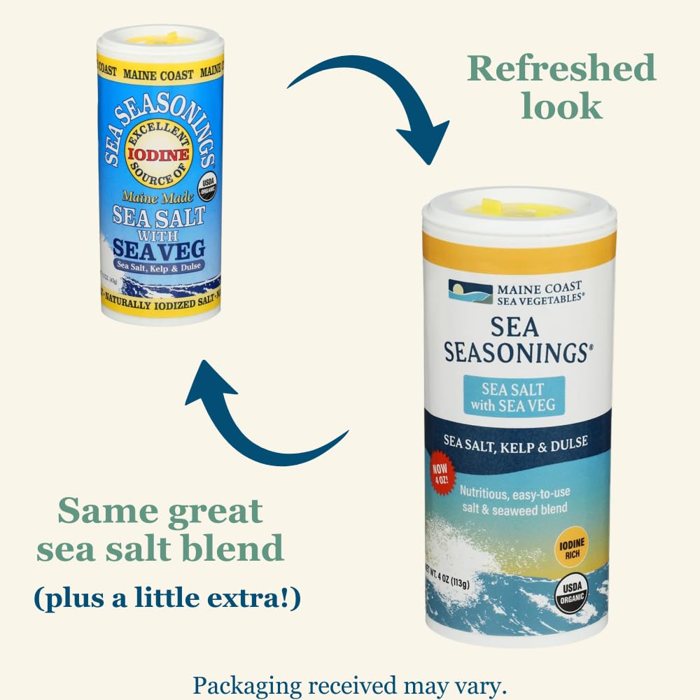 Maine Coast Sea Vegetables Sea Salt with Sea Veg Shaker, 4 oz - Wild-Harvested Seaweed Seasoning, Organic Dulse & Kelp Blend, Rich in Iodine