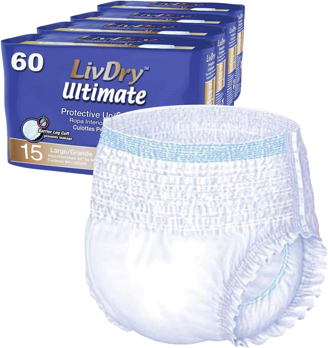 LivDry Ultimate XL Adult Incontinence Underwear, High Absorbency, Leak Cuff Protection, X-Large, 48-Pack