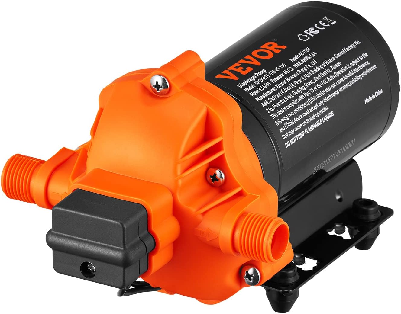 VEVOR Water Pressure Diaphragm Pump, RV Water Pump, Fresh Water Pump110V AC, 3.3 GPM, Pressure Adjustable