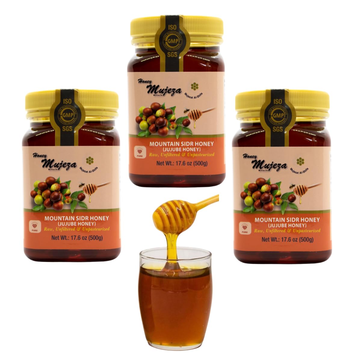 Authentic Mountain Sidr Honey - Jujube Honey, Supports Mental Health, Memory and Cognition, 100% Natural, Raw Liquid Honey, Gluten Free (500g / 17.6oz)
