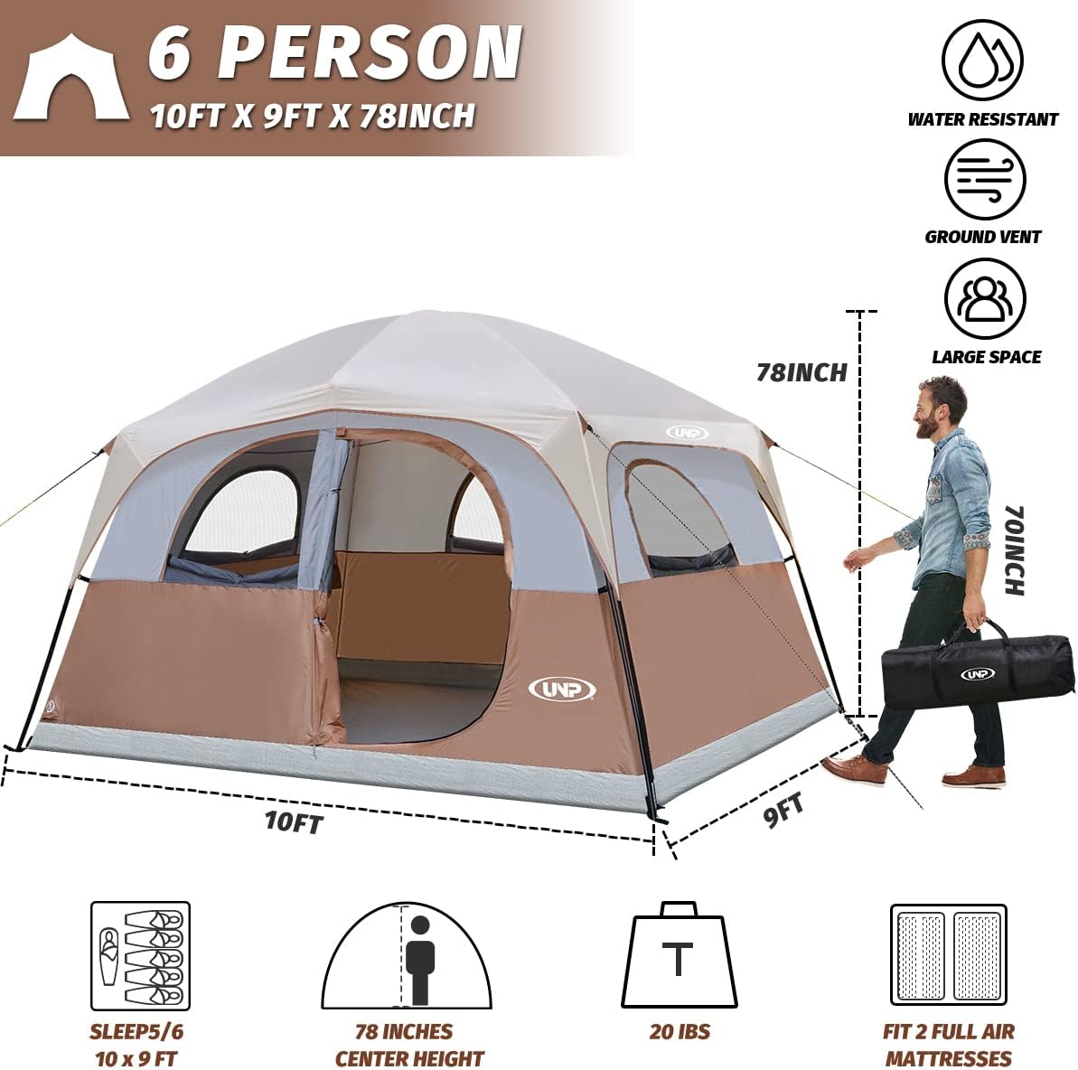 UNP 6 Person Tents for Camping Waterproof Family Cabin Tent with Rainfly