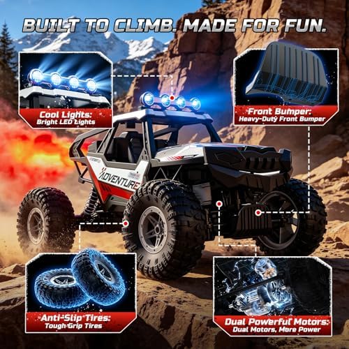 DEERC DE125 1:14 RC Car for Kids,4WD Remote Control Off-Road Monster Truck | RC Rock Crawler with Mist Spray,Metal Shell, LED Lights, 2.4GHz All-Terrain Car, 2 Batteries, Gifts for Beginners and boys