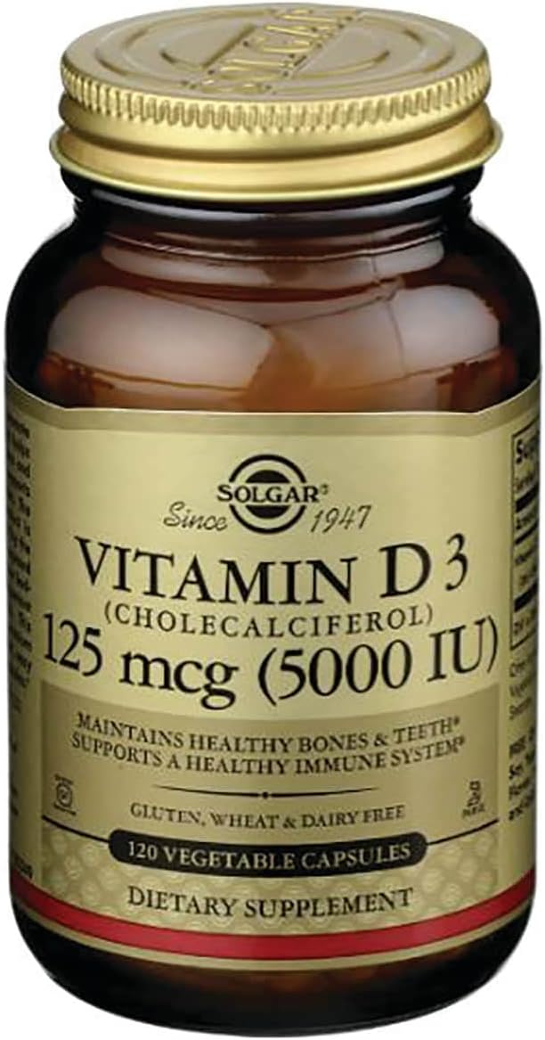 Solgar Vitamin D3 (Cholecalciferol) 125 Mcg (5000 IU), 120 Vegetable Capsules - Helps Maintain Healthy Bones & Teeth - Immune System Support - Non-GMO, Gluten Free, Dairy Free, Kosher - 120 Servings | Helps Maintain Healthy Bones & Teeth, Immune System S…