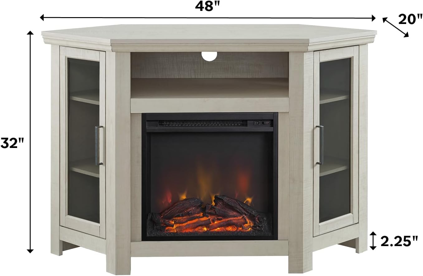 Walker Edison Alcott Classic Glass Door Fireplace Corner TV Stand for TVs up to 55 Inches, 48 Inch, White Oak