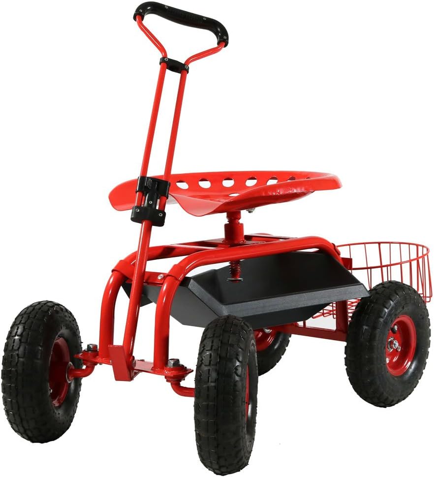 Sunnydaze Garden Cart with Wheels and Extendable Handle, Blue | Steel Rolling Gardening Seat with Utility Tray, and Basket for Storage, Rotating, Swiveling Motion