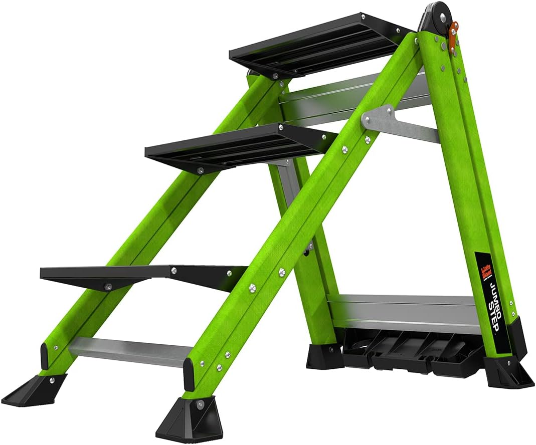 Little Giant Jumbo Step 3-Step Foldable 2.2 ft Aluminum Stool, 11903 | Foldable Aluminum Step Stool, Extra-Wide Stair-Like Treads, Rotating Handrail, Tool Tray, 375 lbs. Weight Capacity