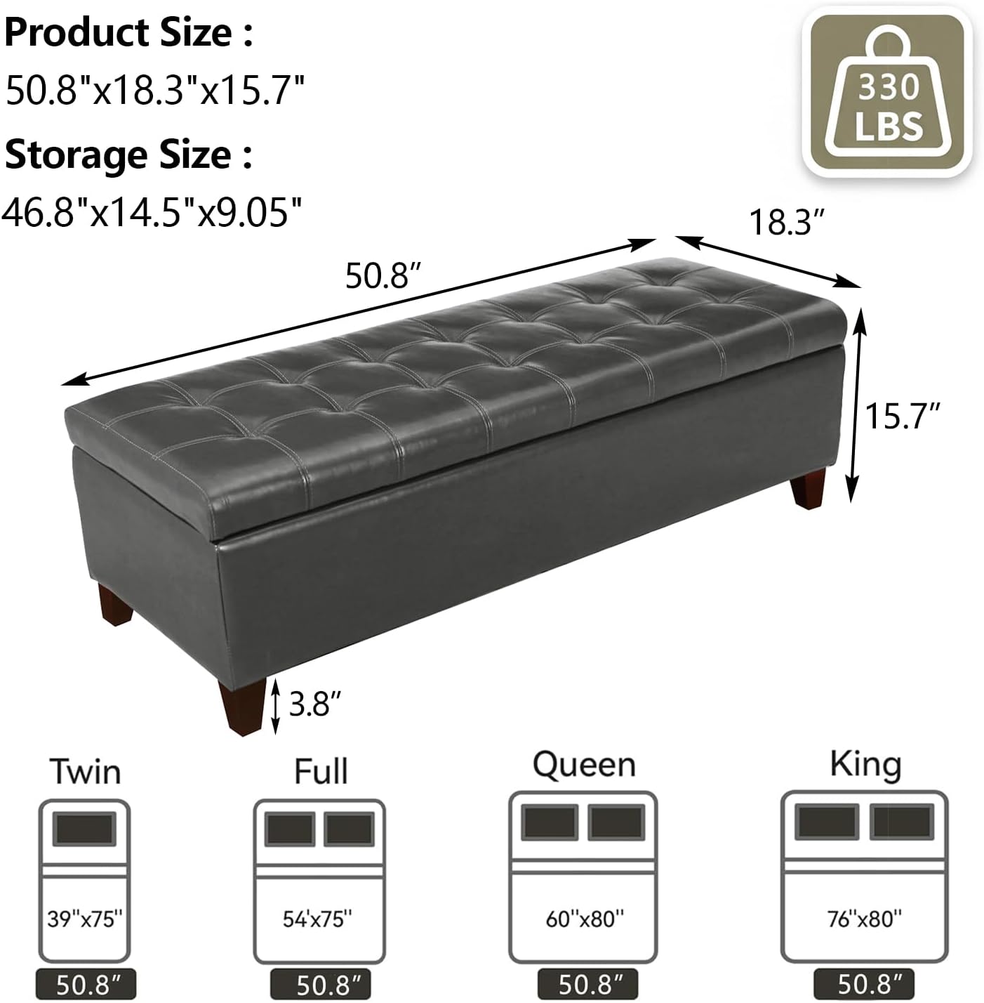 51 Inch Storage Bench,Leather Tufted Storage Ottoman with Legs | Safety Hinges,Wooden Legs,Upholstered,End of Bed,Bedroom,Living Room,Entryway,330LBS,Brown