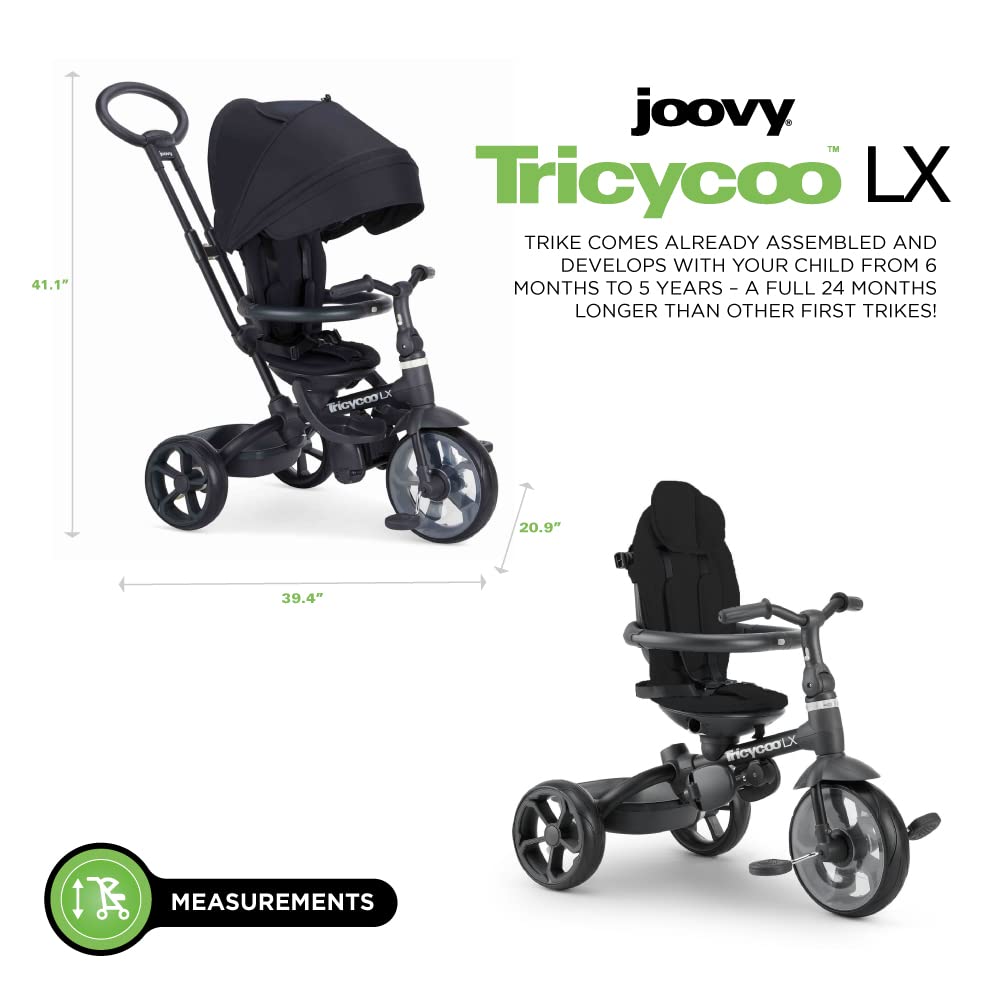 Joovy Tricycoo 4.1 Kids Tricycle with 4-Stages Featuring Extra-Wide Front Tire, Removable and Adjustable Parent Handle, Safety Harness