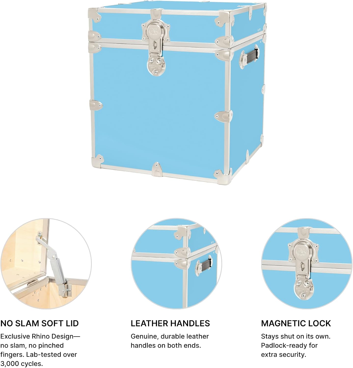 Rhino Classic Cube Trunk, College Dorm Footlocker & Home Storage End Table | 18"L x 18"W x 20"H, 1500+ lb Capacity, Baltic Birch Plywood, Nickel Plated Steel, Durable, Office Storage, Dorm Room