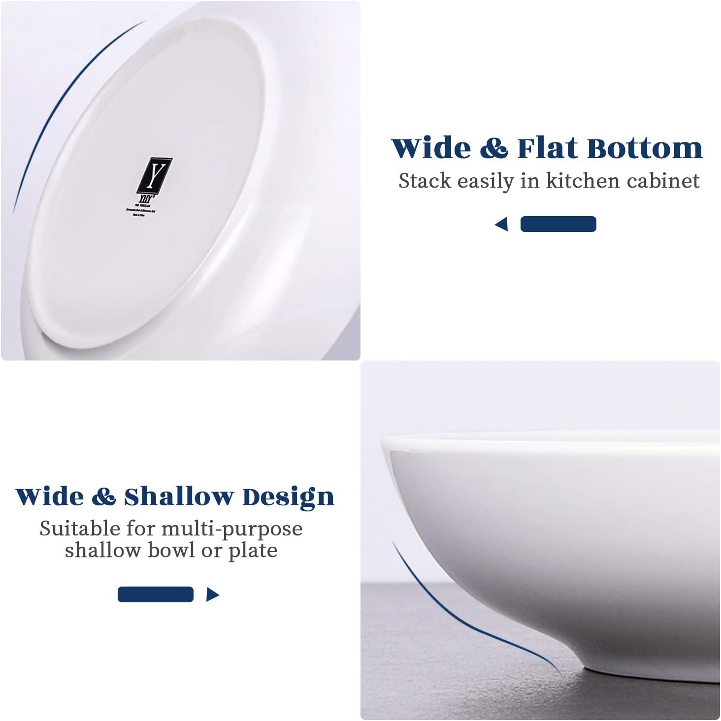Y YHY 9.75" Large Pasta Bowls, 50 Ounces Big Salad Bowls, Ceramic Serving Bowl Set of 4, Wide and Shallow Bowls Set, Microwave and Dishwasher Safe, White