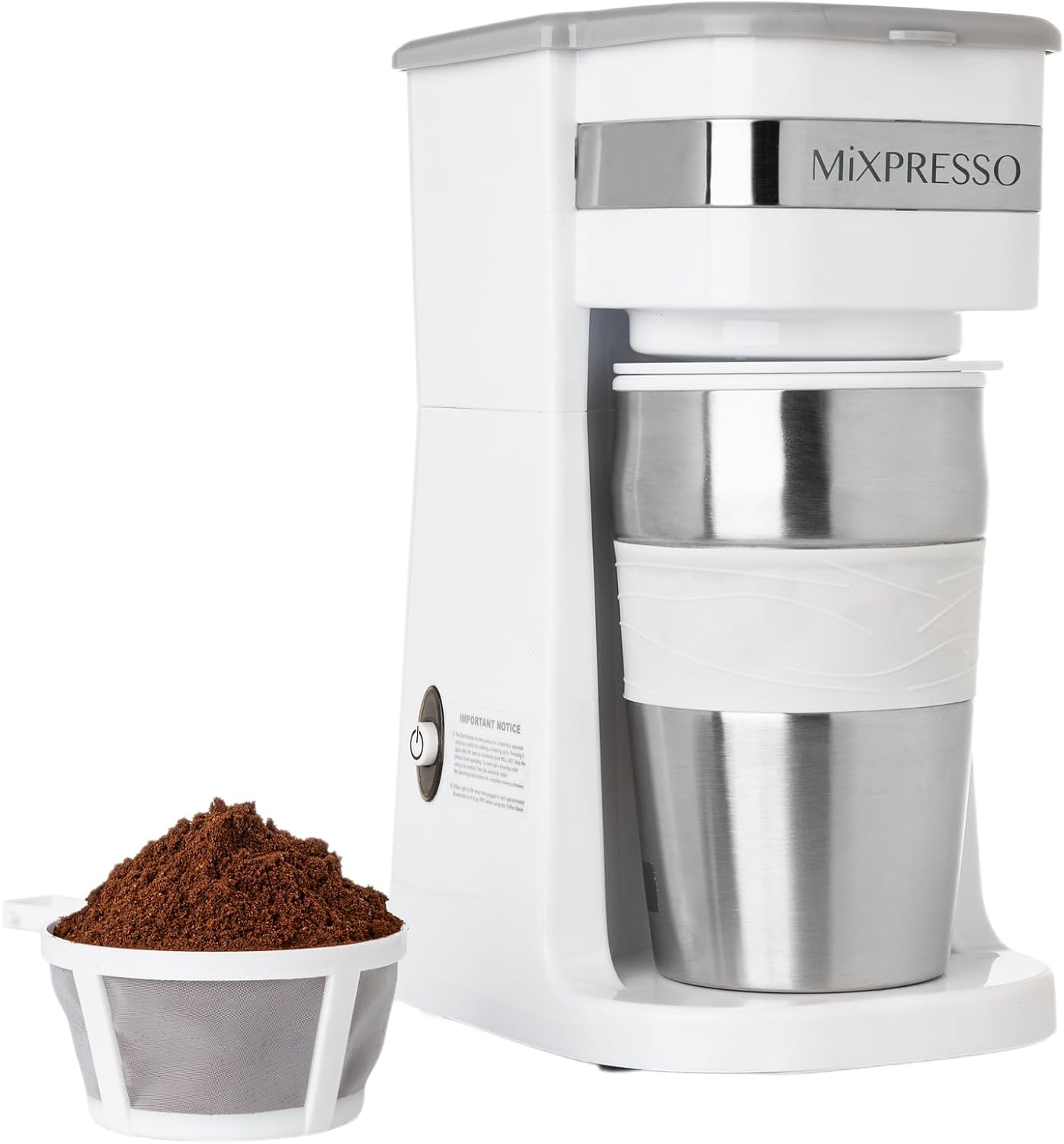 Mixpresso Single Serve & Single Cup Coffee Maker with 14oz Travel Mug Black | For ground coffee only, reusable filter, auto shut off. Compact personal drip coffee maker, not compatible with K-Cup pods.