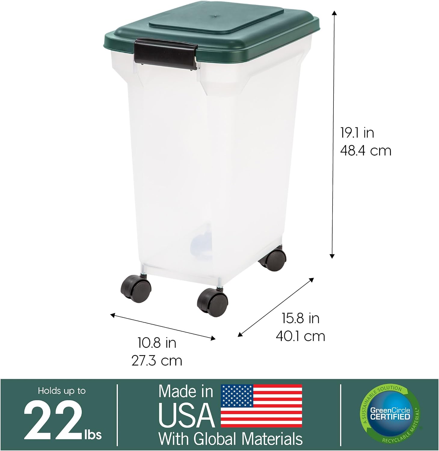 IRIS USA Airtight Pet Food Container, Up to 30 lbs & 11 lbs, Green | Airtight Seal, BPA-Free, 2-Cup Scoop, Stackable Design, Rolling Wheels, Dual Storage