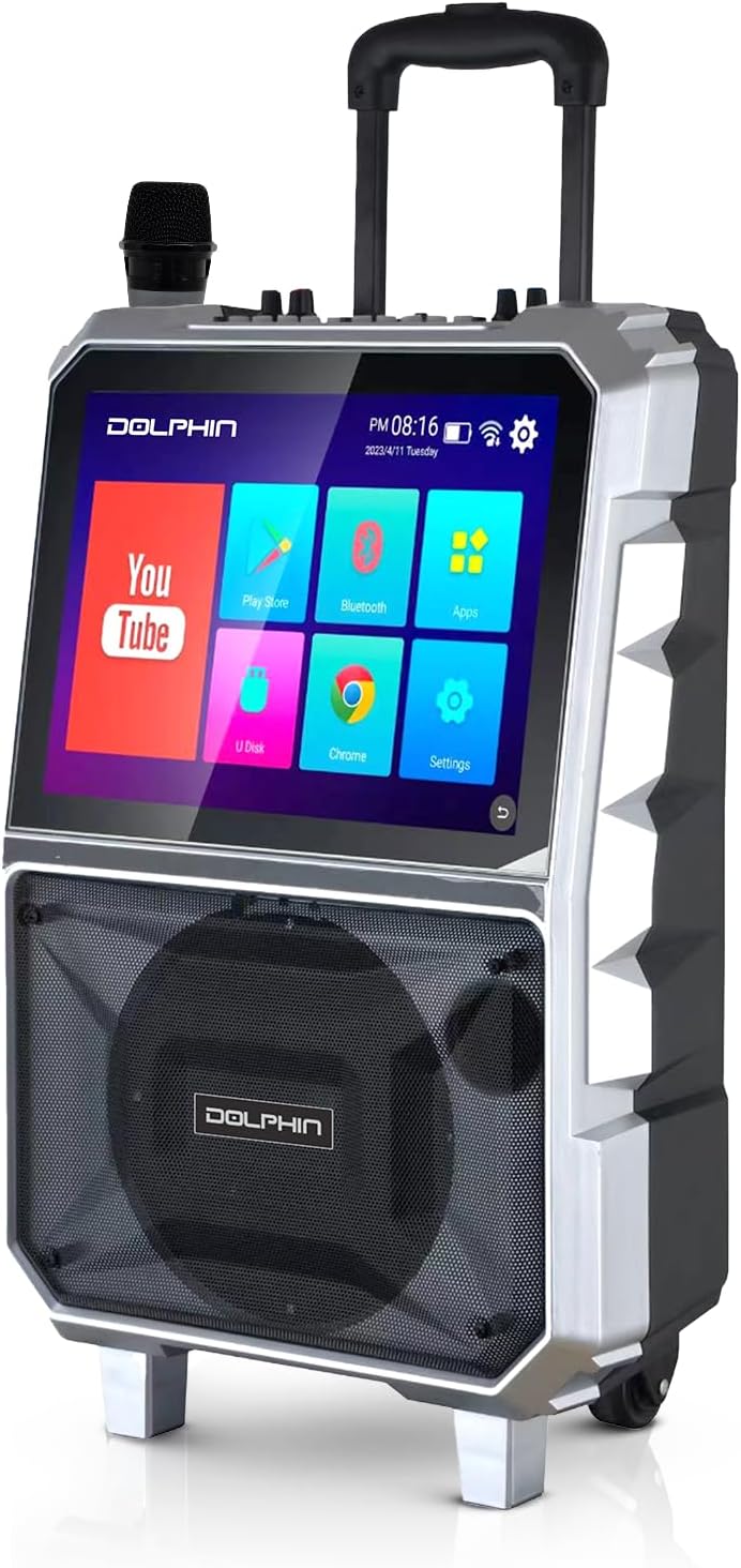 Dolphin KB-85R Karaoke Machine with Wireless Microphone, 8" Woofer | 14" Tablet, 100W RMS, 5400mAh Battery, Bluetooth, HDMI Output, USB, SD, FM