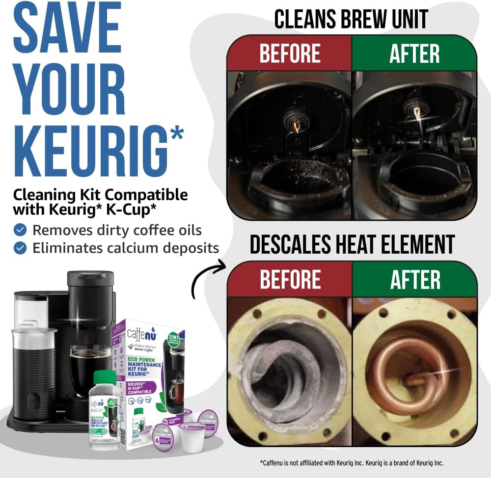 Caffenu Keurig Compatible Descaling Solution and Cleaning Pods Kit, 4 Uses | Descaler & Cleaner for Keurig